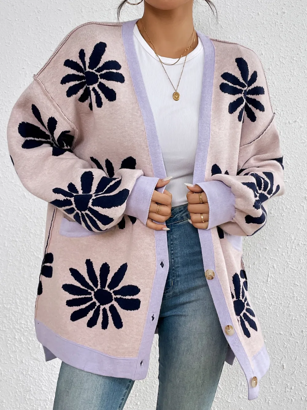 Contrast Dropped Shoulder Long Sleeve Cardigan, image 4