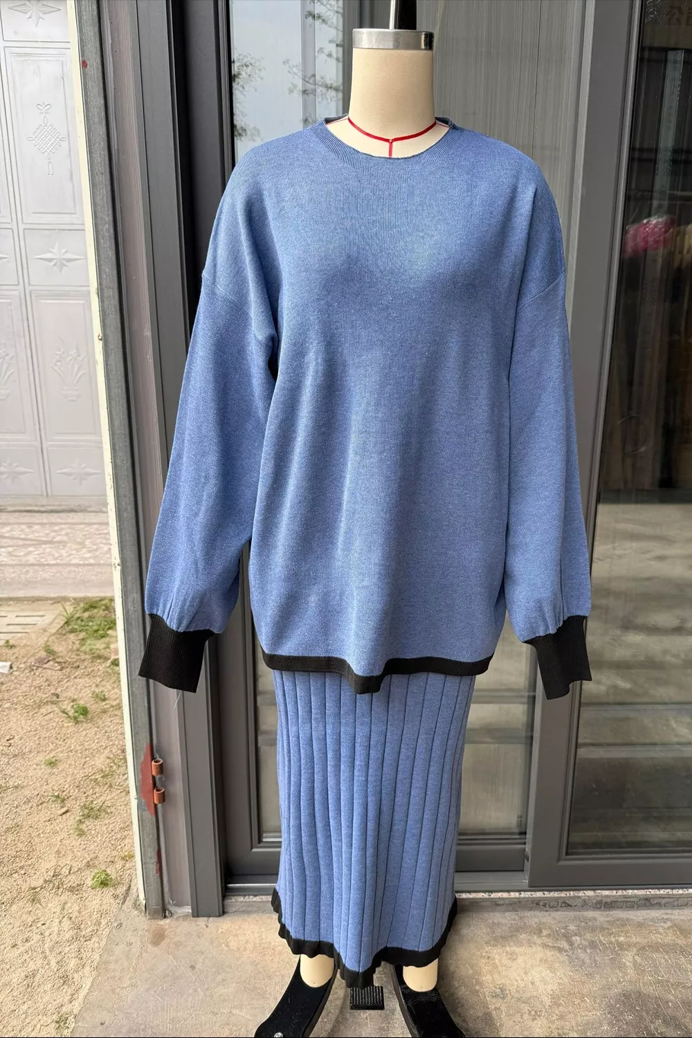 Contrast Trim Ribbed Knit Sweater and Skirt Set, image 7