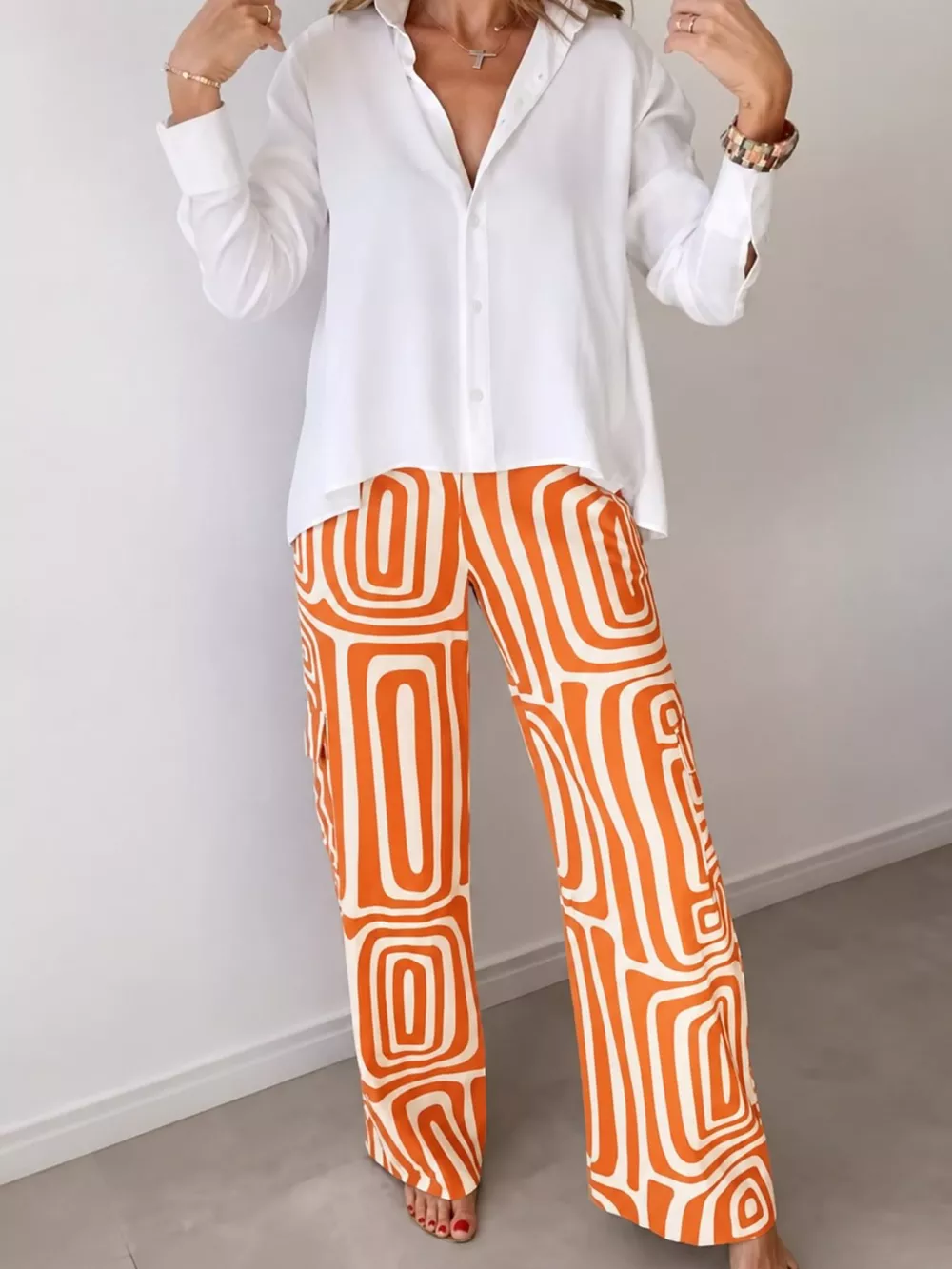 Full Size Chic Button-Down Shirt and Geometric Wide-Leg Pants Set Plus Size, image 8