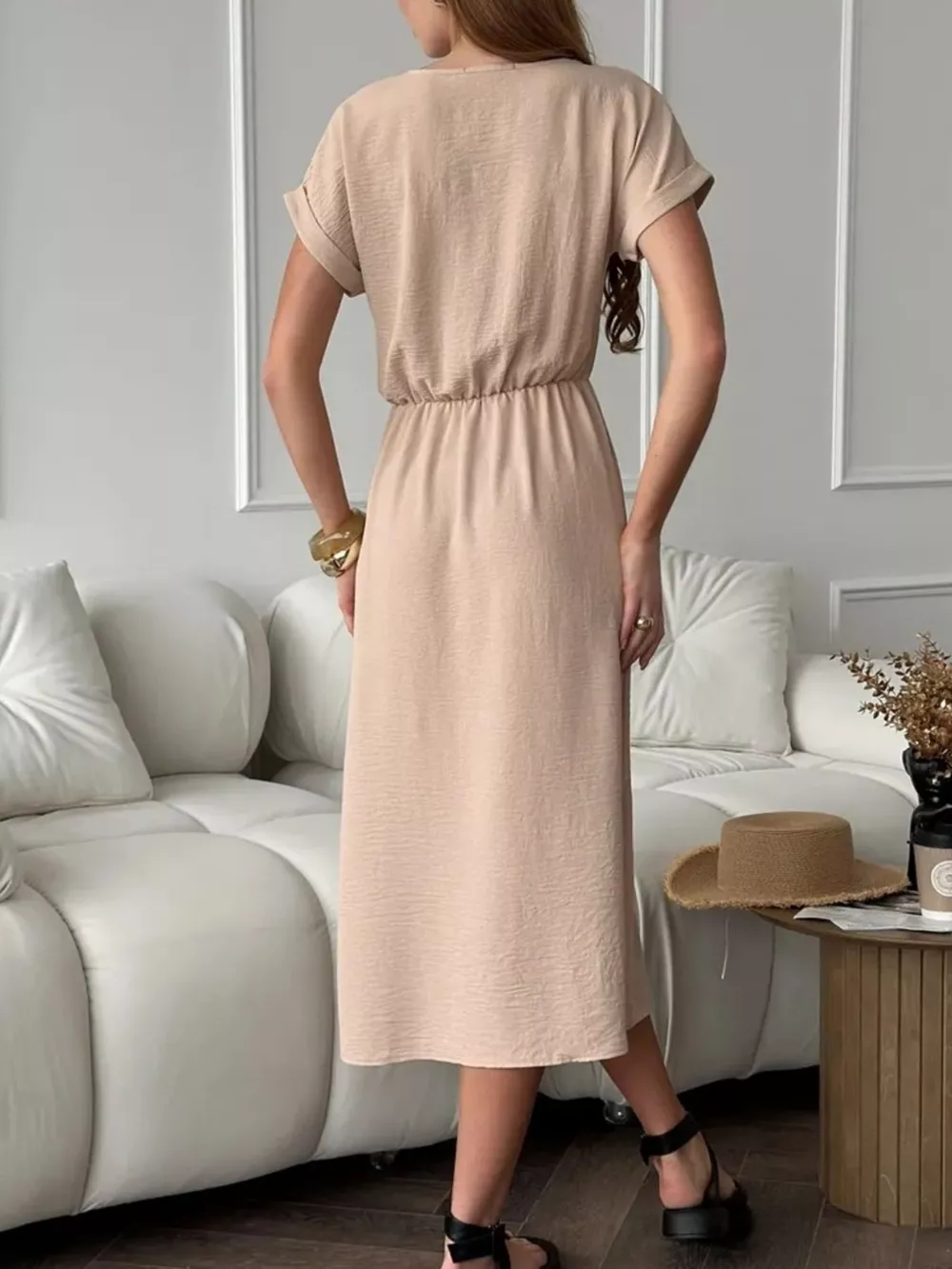 Casual Drawstring Waist Midi Dress, image 3