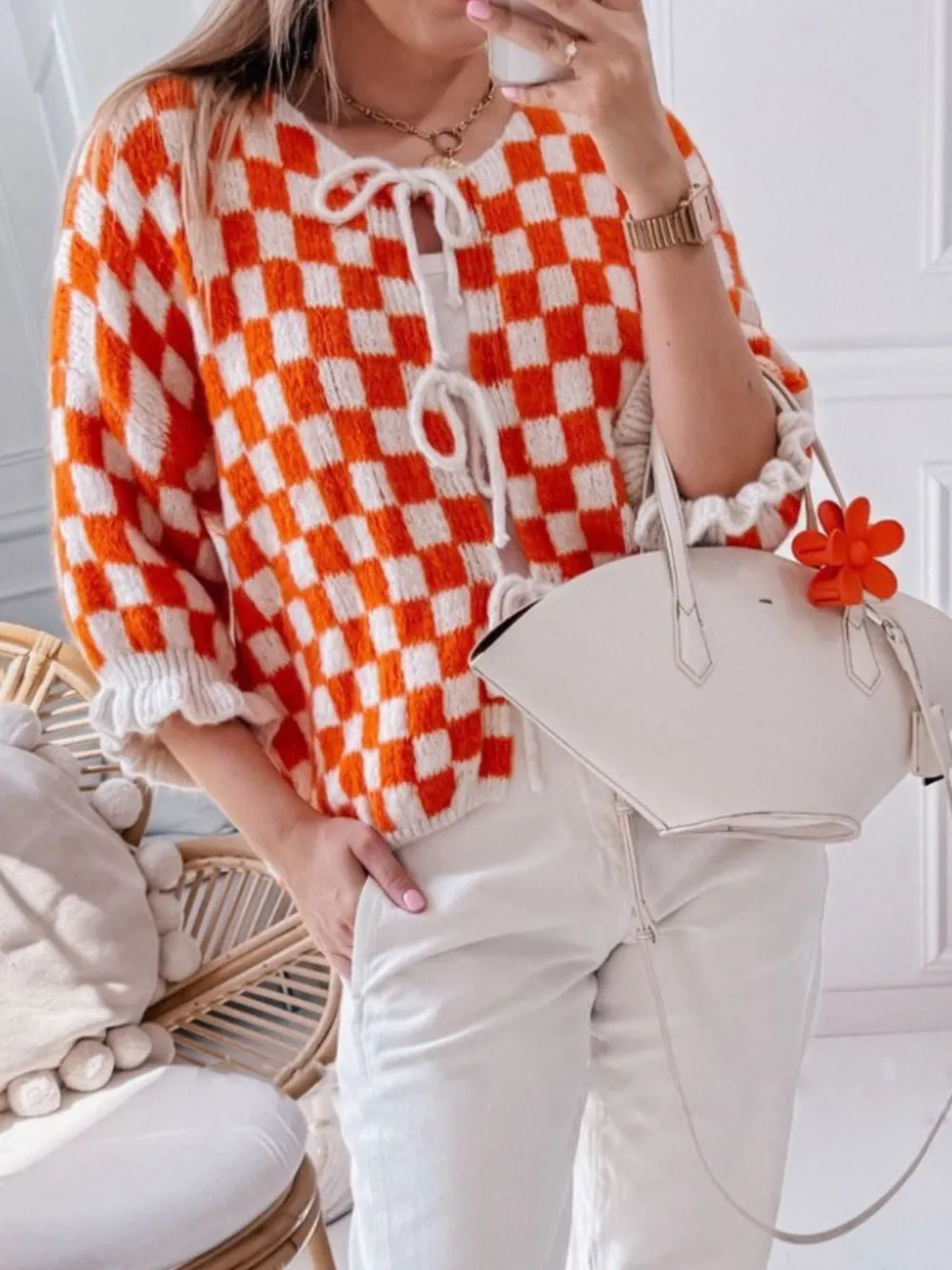 Checkered Tie-Front Knit Cardigan, image 8