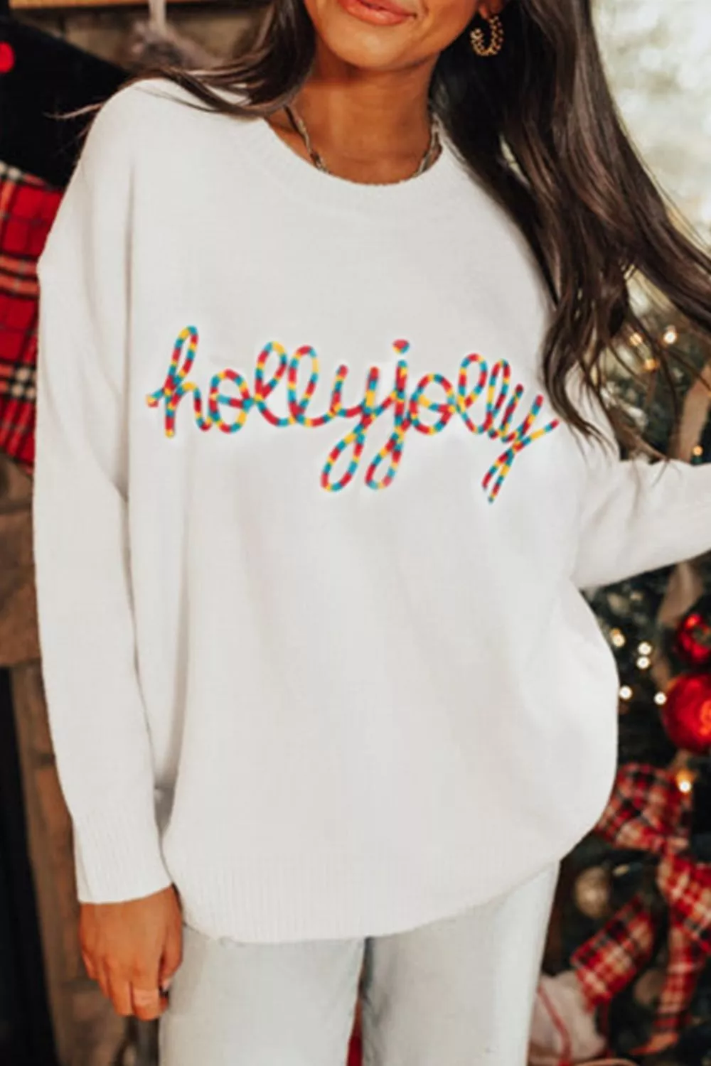 Colorful Holly Jolly Christmas Knit Loose Sweater, image 7