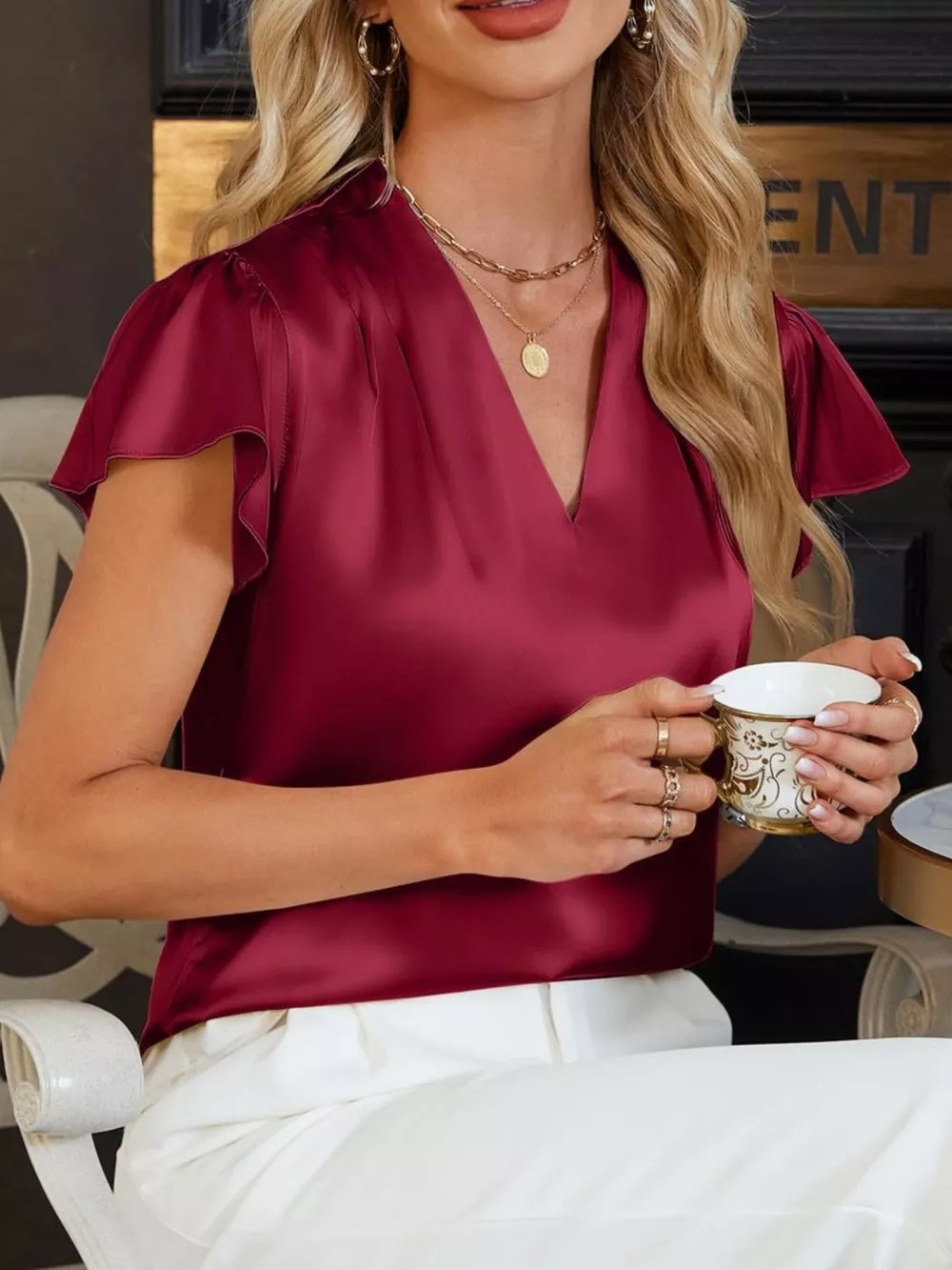 Satin V-Neck Flutter Sleeve Blouse, image 11