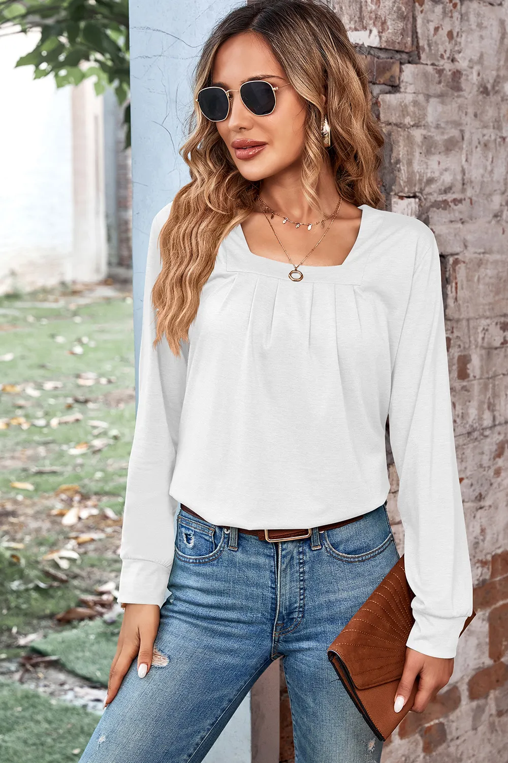 Ruched Square Neck Long Sleeve T-Shirt, image 4