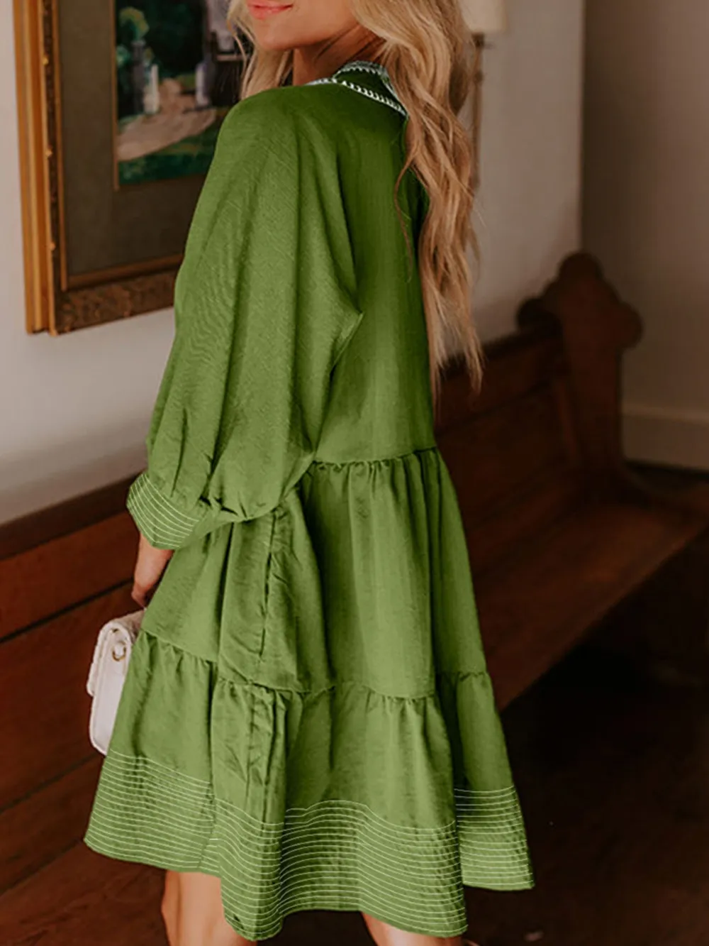 Striped Hem 3/4 Sleeve Tiered Dress, image 3