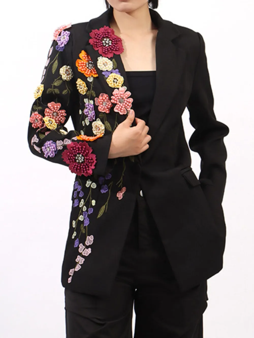Pearl Detail Flower Lapel Collar Blazer, image 9