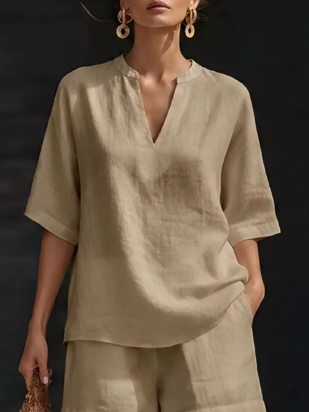 Full Size Notched Half Sleeve Top and Shorts Set Plus Size, image 14