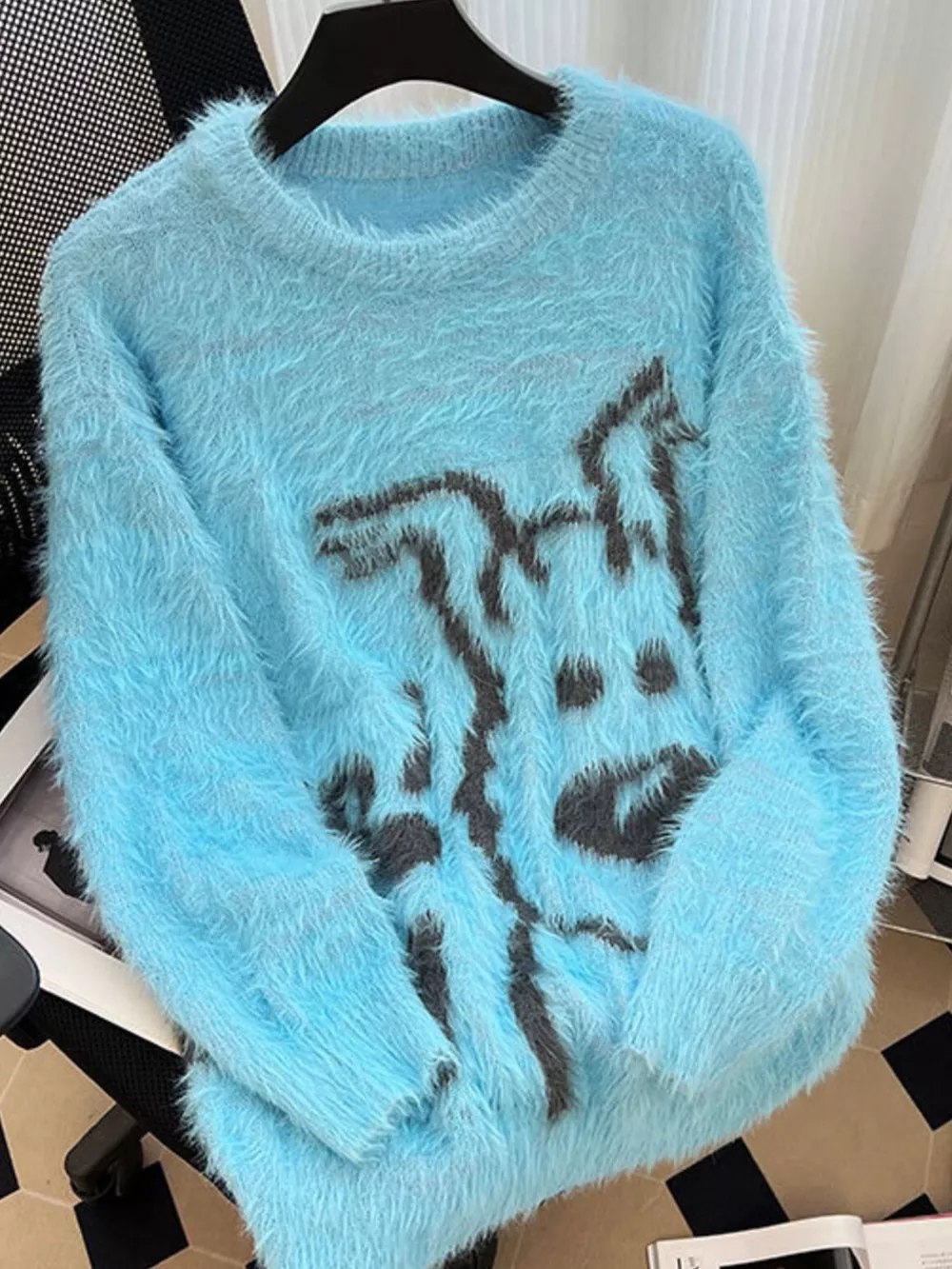 Men's Plus Size Cartoon Graphic Fuzzy Sweater, image 2