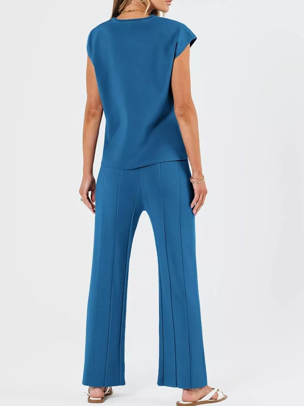 Casual Solid Color Cap Sleeve Top and Pants Knit Set, image 4