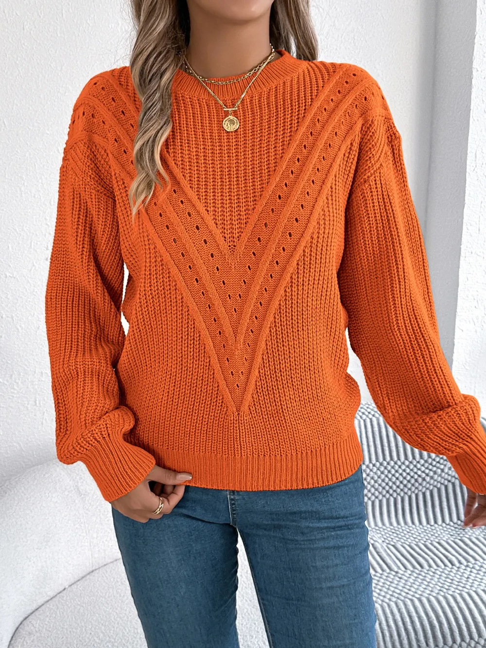 Openwork Round Neck Long Sleeve Sweater, image 11