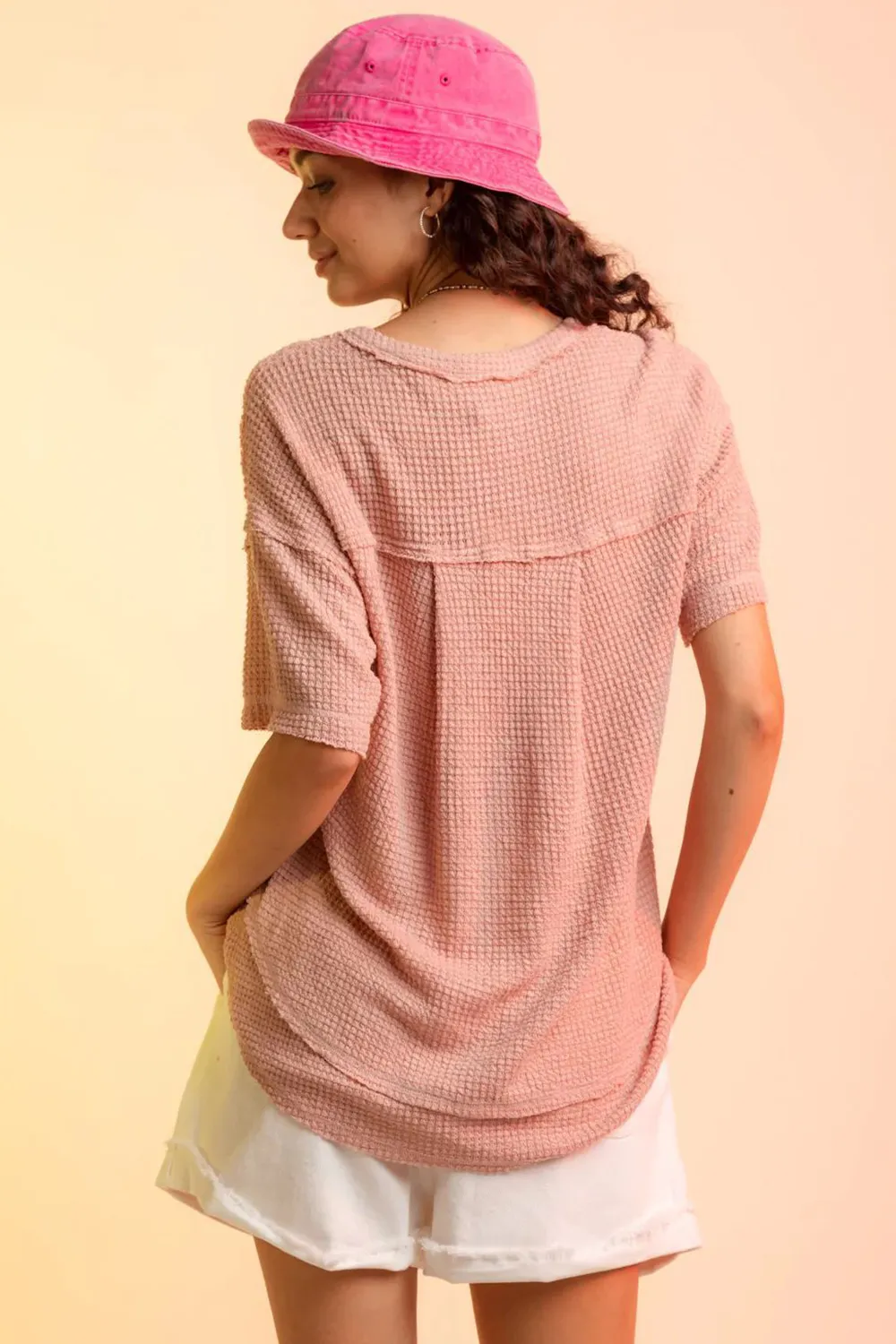 Waffle-Knit Notched Half Sleeve T-Shirt, image 5