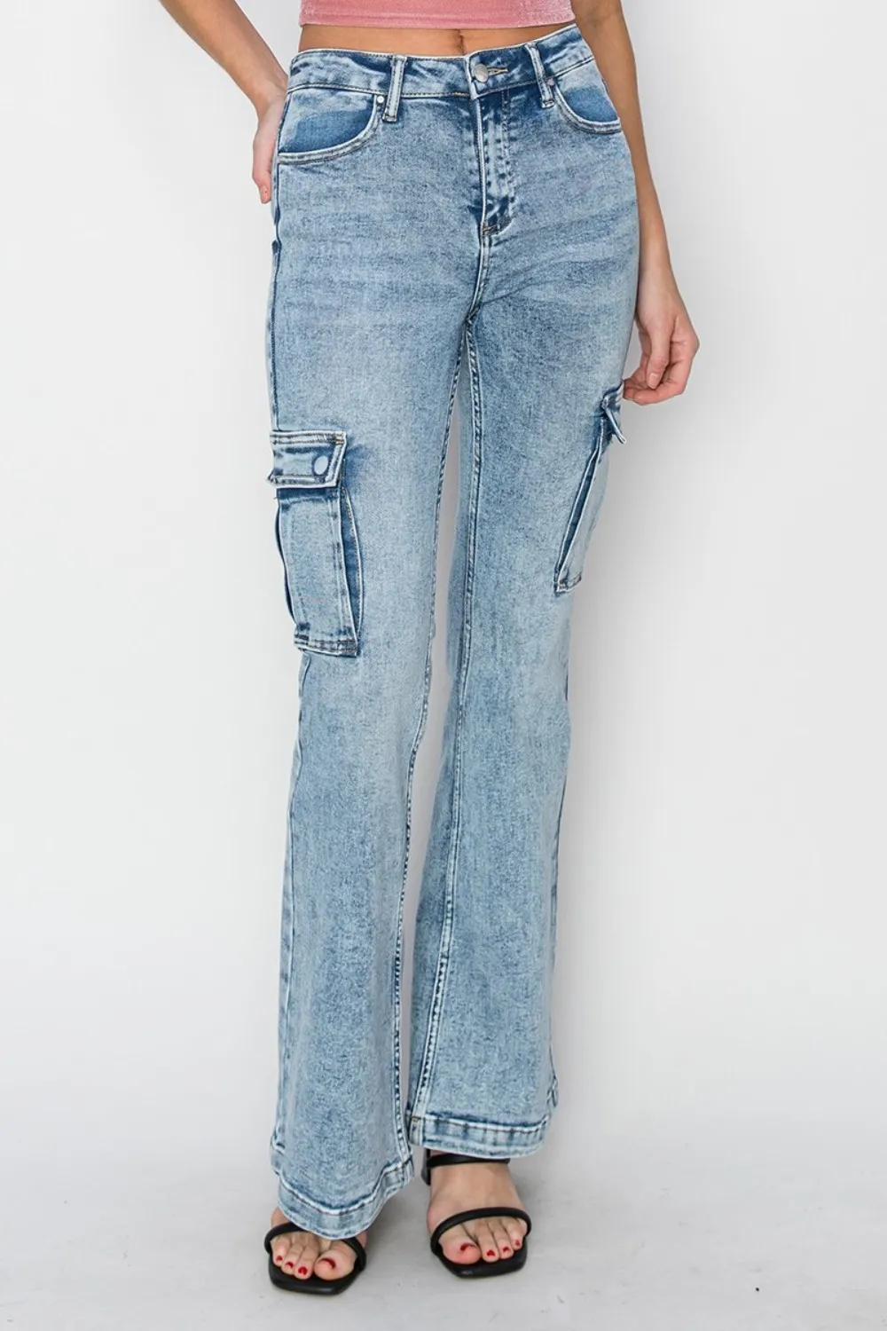 Full Size High Rise Cargo Flare Jeans, image 5
