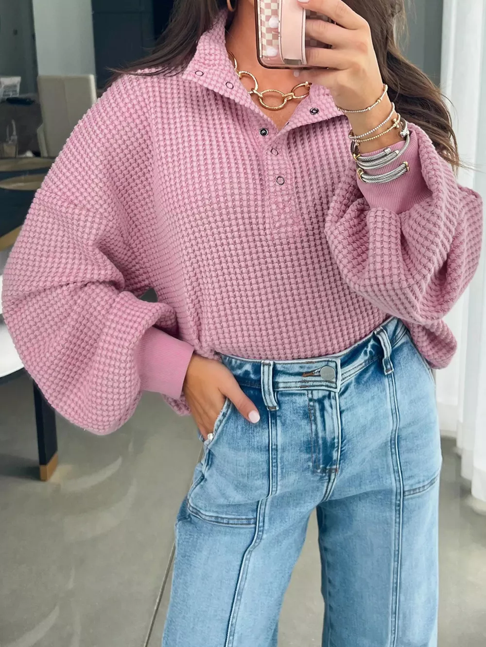 Textured Snap Button Collared Baggy Top, image 3