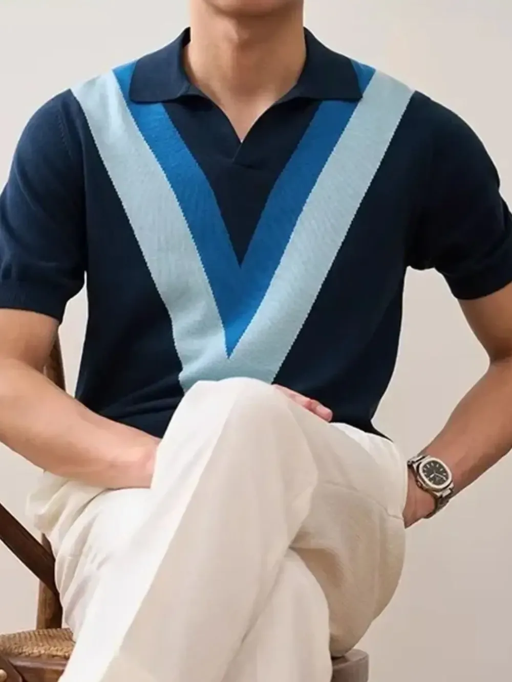 Men's Plus Size V-Pattern Contrast Knit Polo Shirt, image 12
