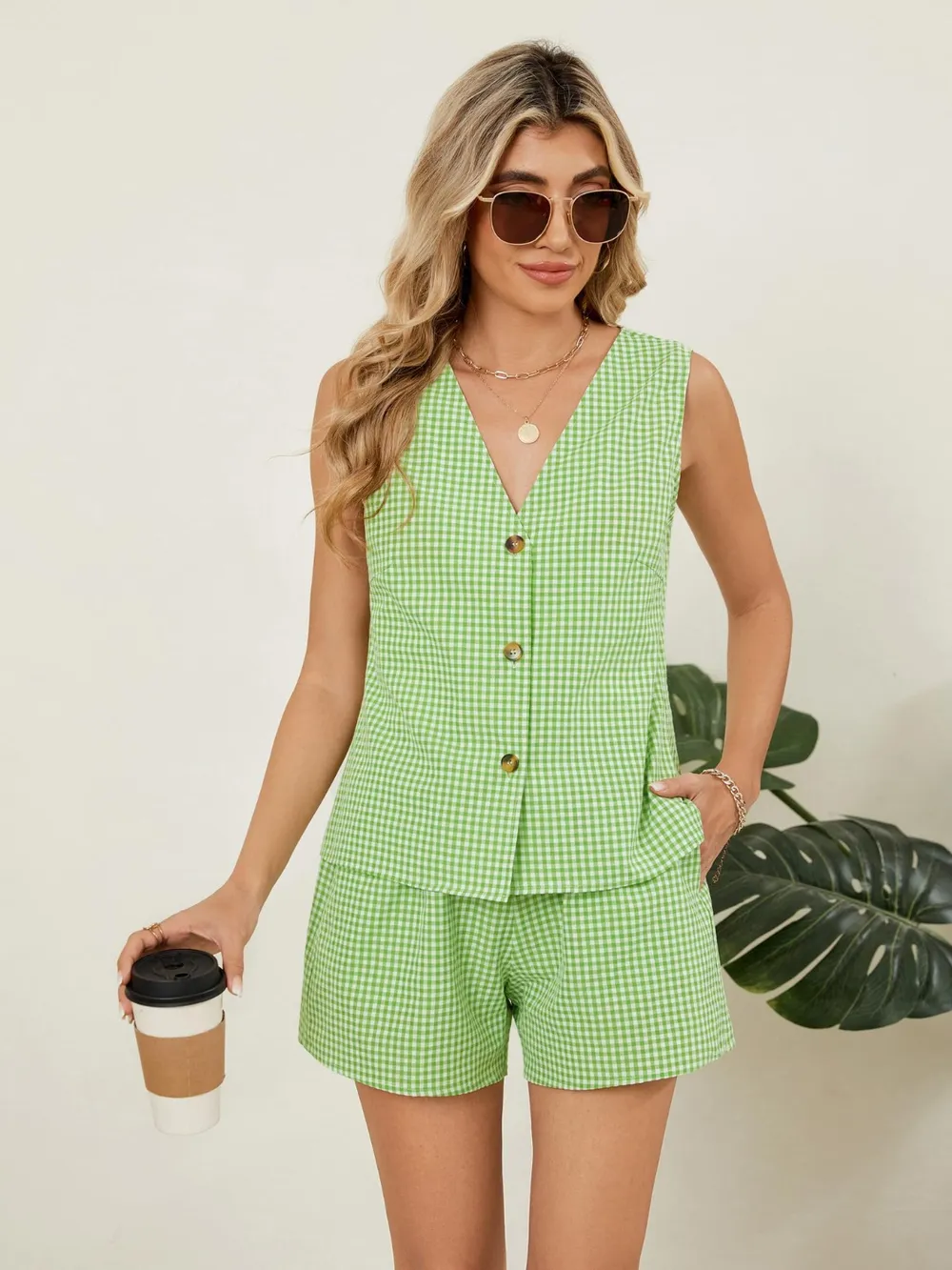 Plaid V-Neck Sleeveless Top and Shorts Set, image 5