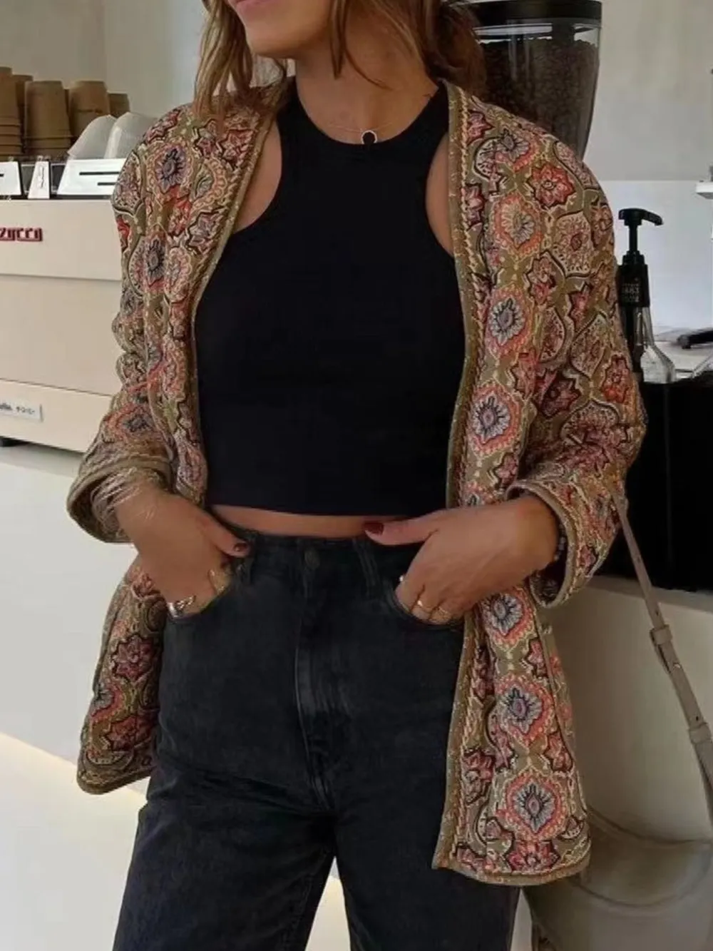 Belted Open Front Floral Winter Coat, image 2