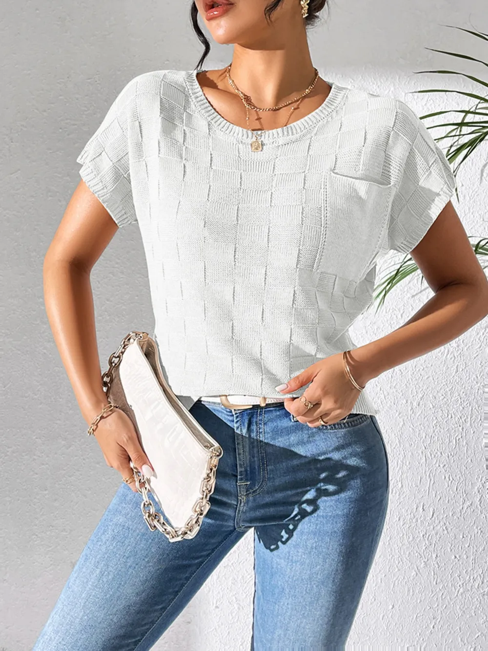Round Neck Short Sleeve Knit Top, image 12