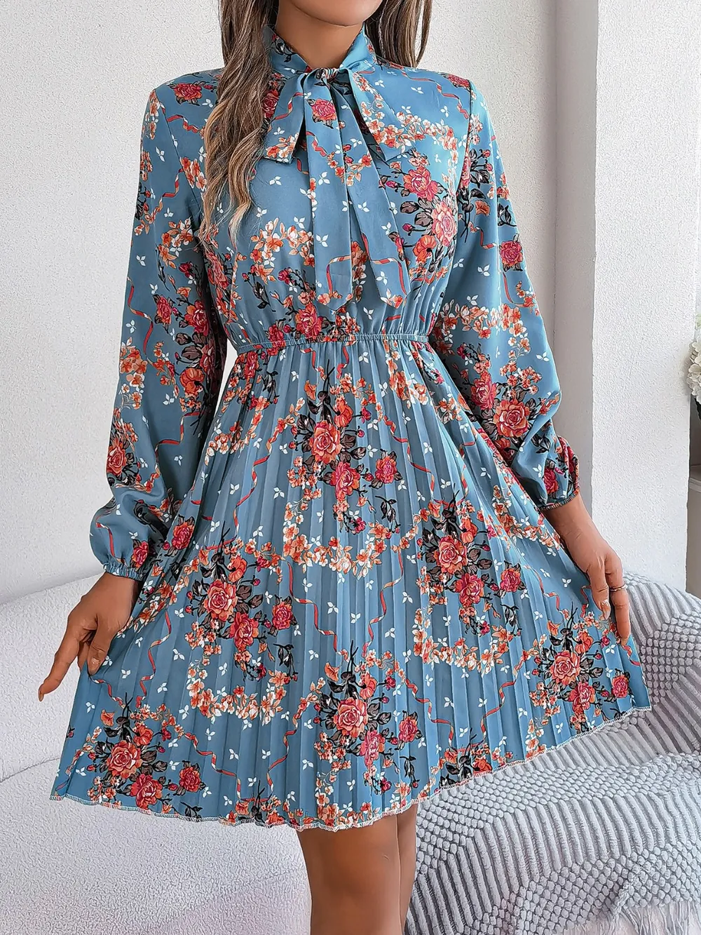 Pleated Printed Tie Neck Long Sleeve Dress, image 12