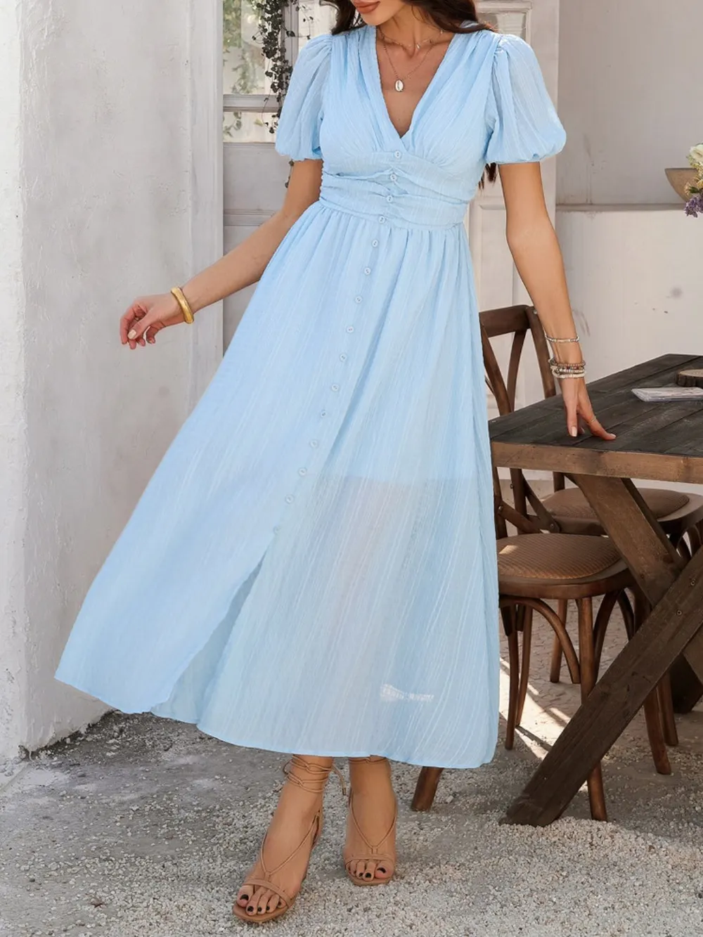 V-Neck Puff Short Sleeve Midi Dress, image 13