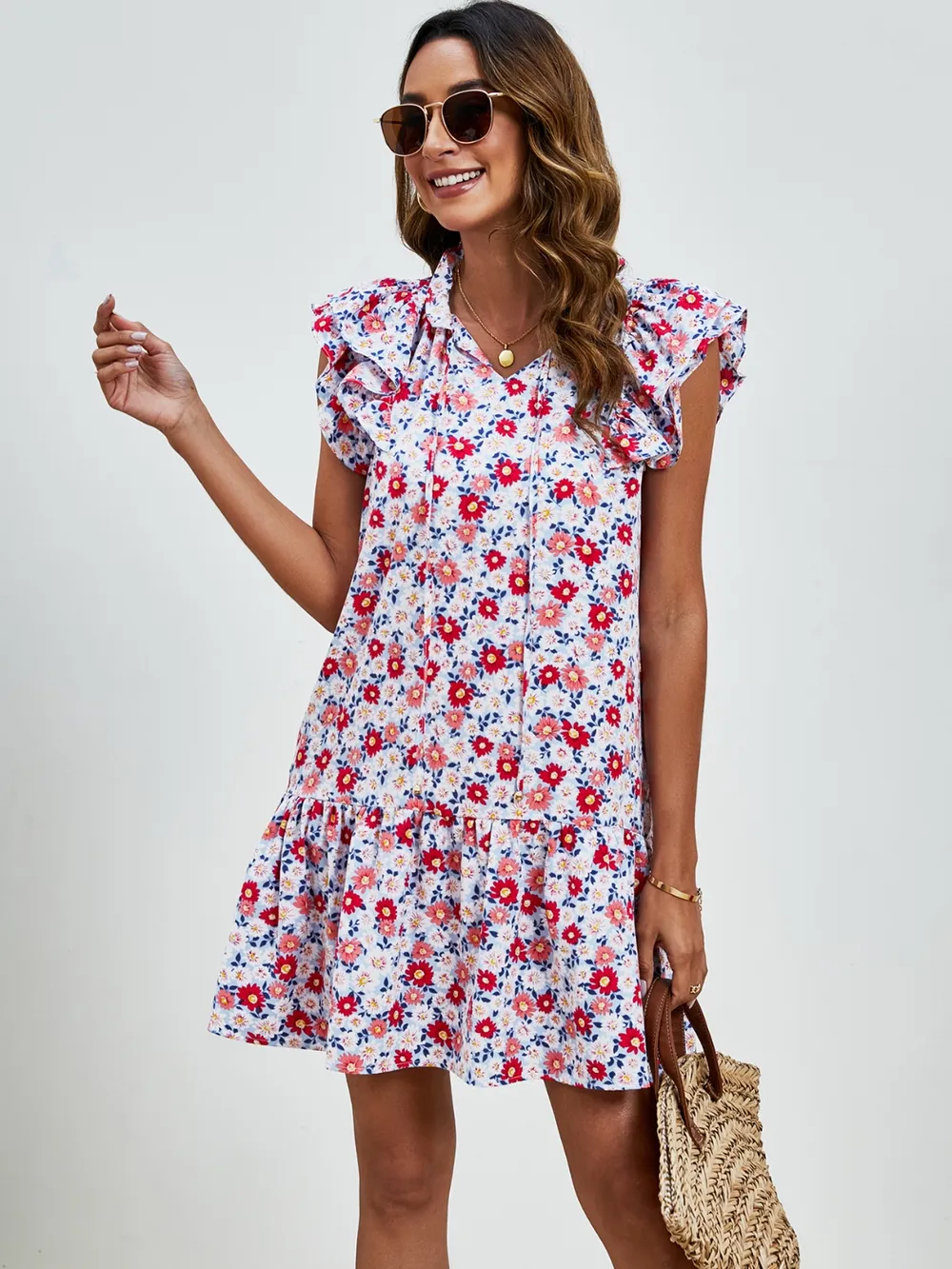 Tied Floral Cap Sleeve Mini Dress, image 7