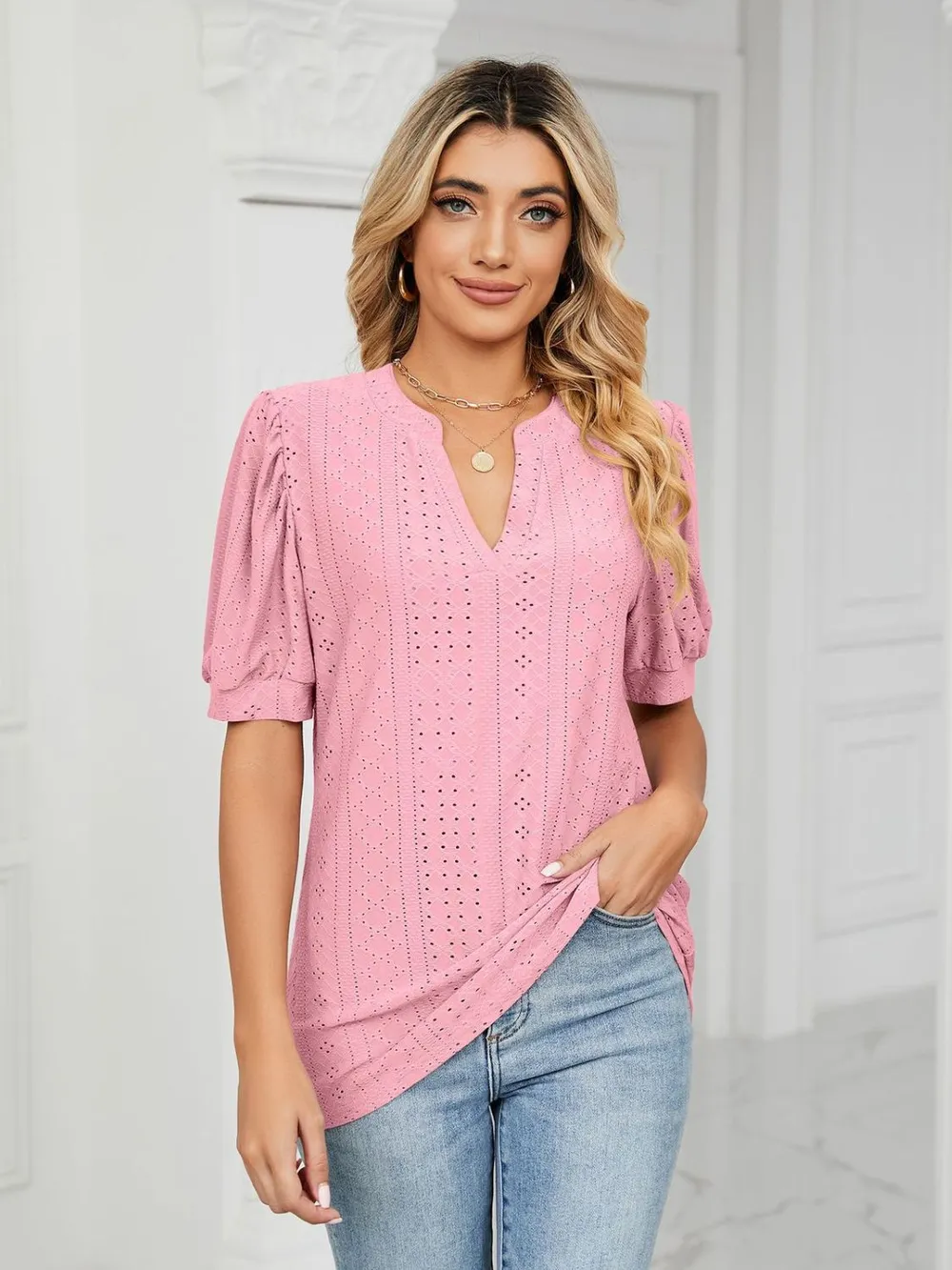 Eyelet Notched Short Sleeve T-Shirt, image 26