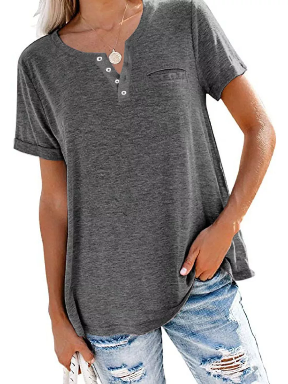 Full Size Casual Button-Front Pocket T-Shirt Plus Size, image 5
