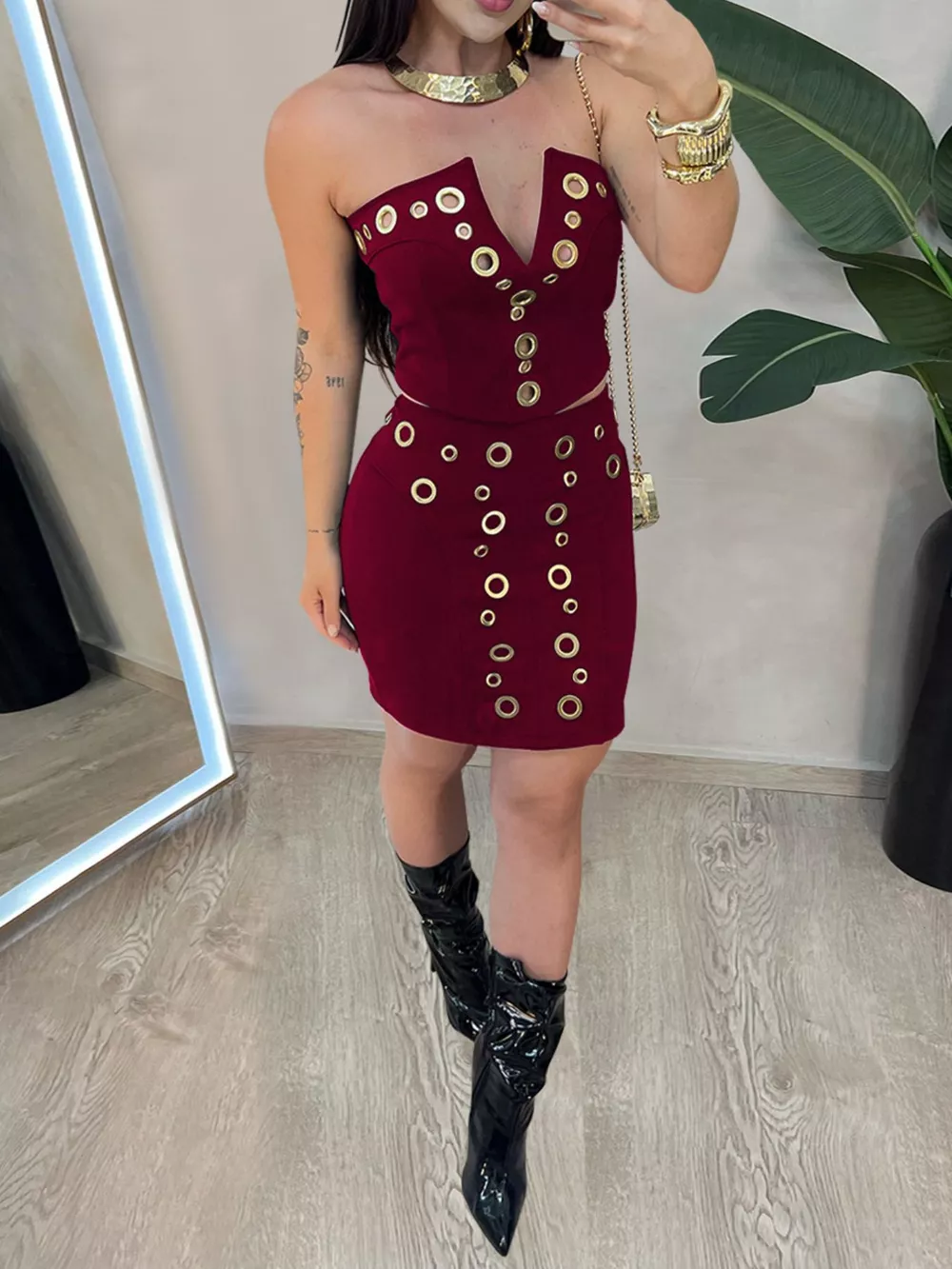 Grommet Crop Top and Mini Skirt Set