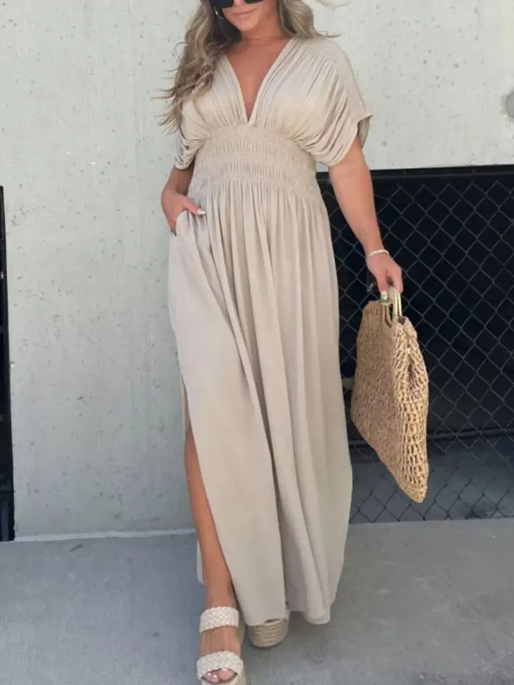 Full Size Slit V-Neck Smocked Waist Maxi Dress Plus Size, image 3
