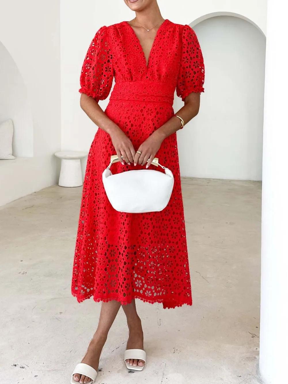 Eyelet Lace V-Neck Midi Dress with Puff Sleeves, image 6