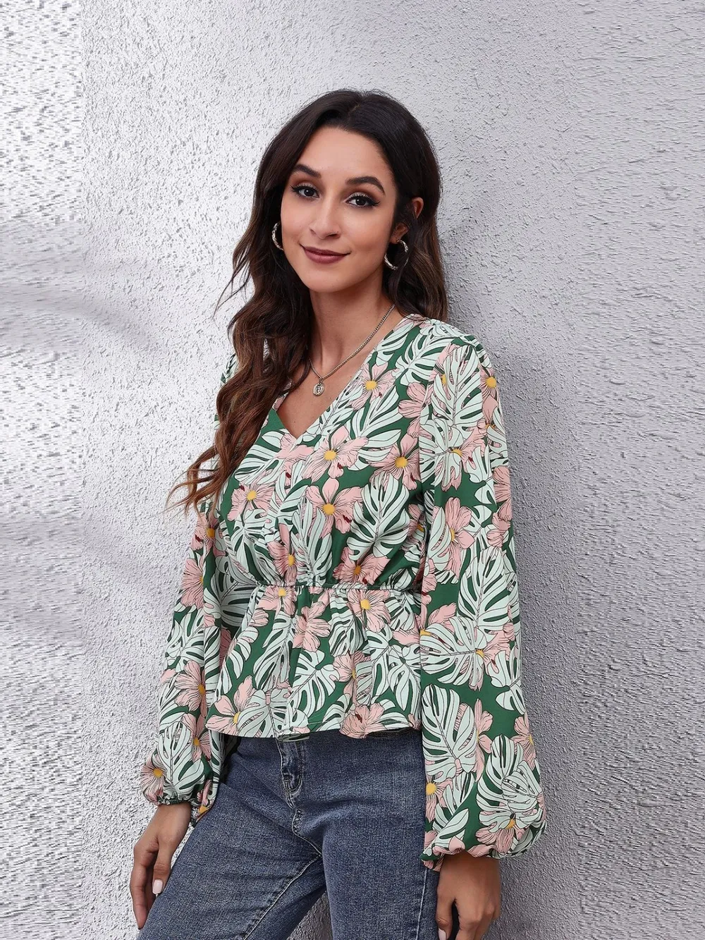 Ruched Printed V-Neck Long Sleeve Blouse, image 23