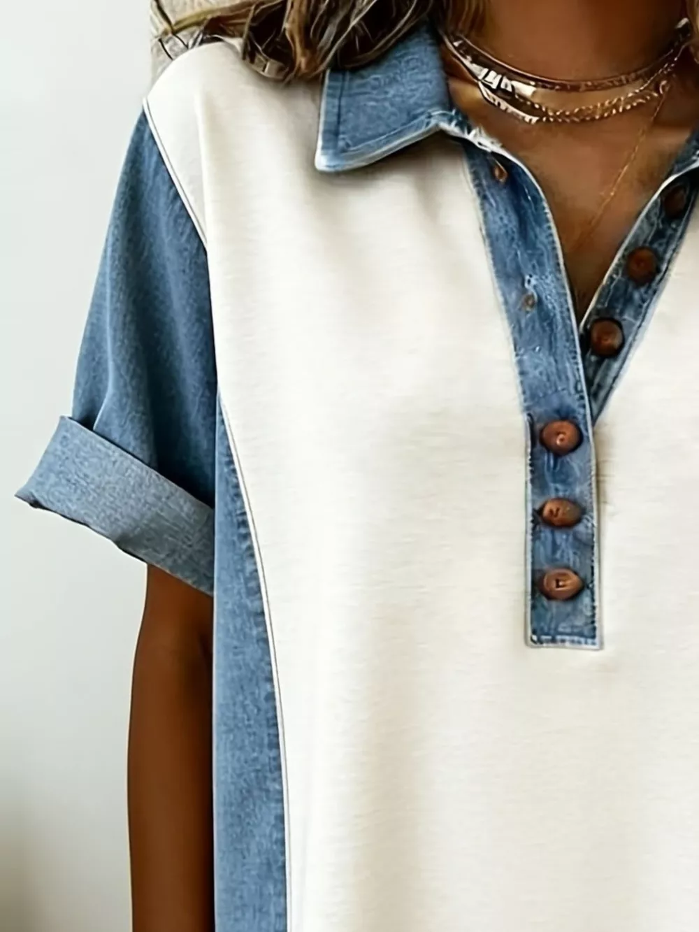 Denim Patchwork Button Front Mini Dress, image 2