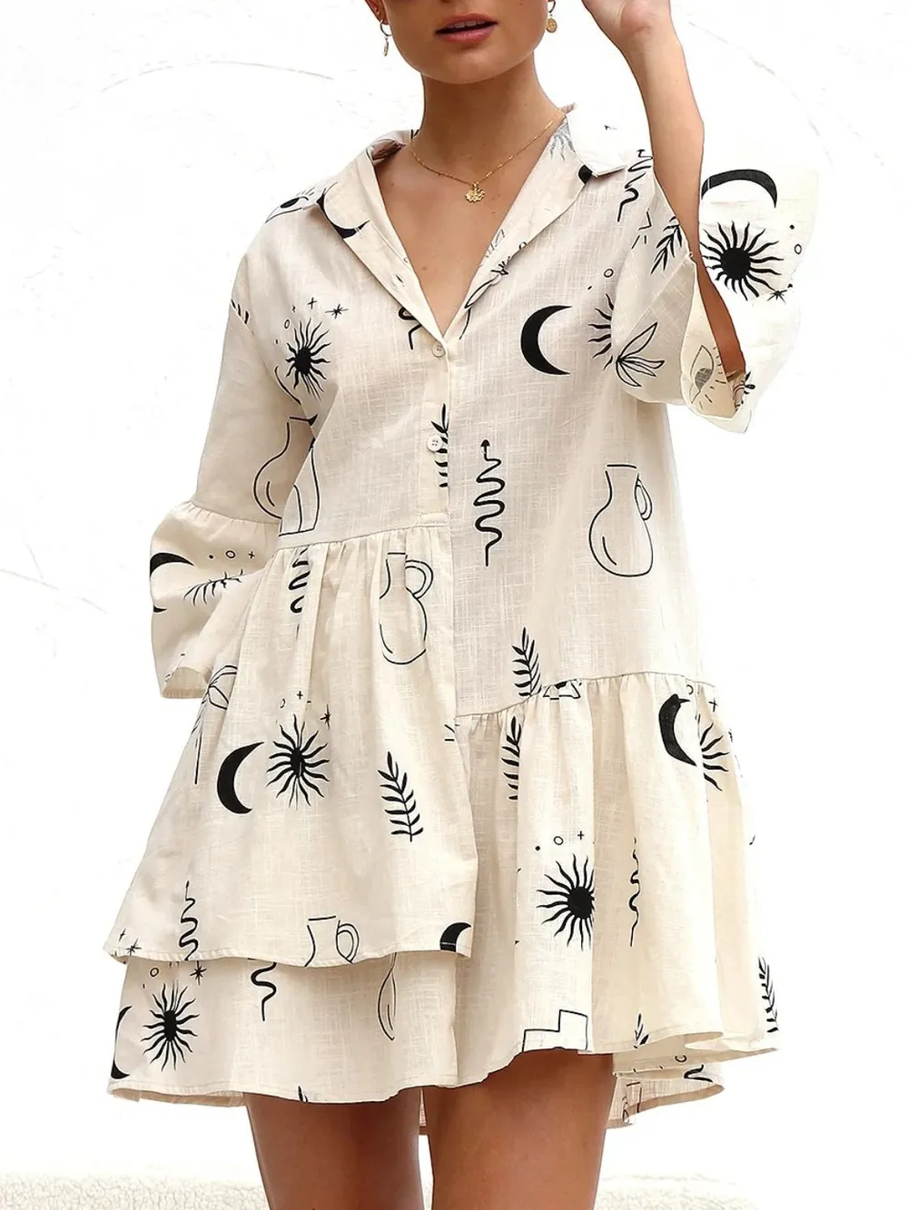 Printed Collared Neck Three-Quarter Sleeve Mini Dress, image 3