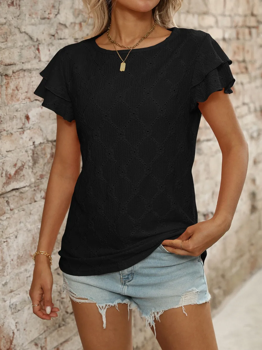 Eyelet Round Neck Double Layered Ruffled Short Sleeve Top, image 13
