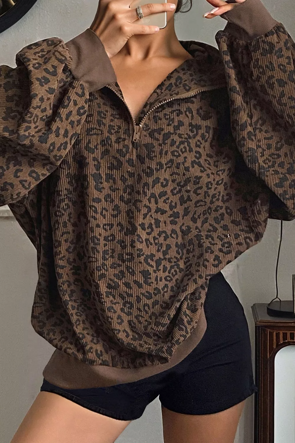 Leopard Print Quarter-Zip Sweatshirt, image 4