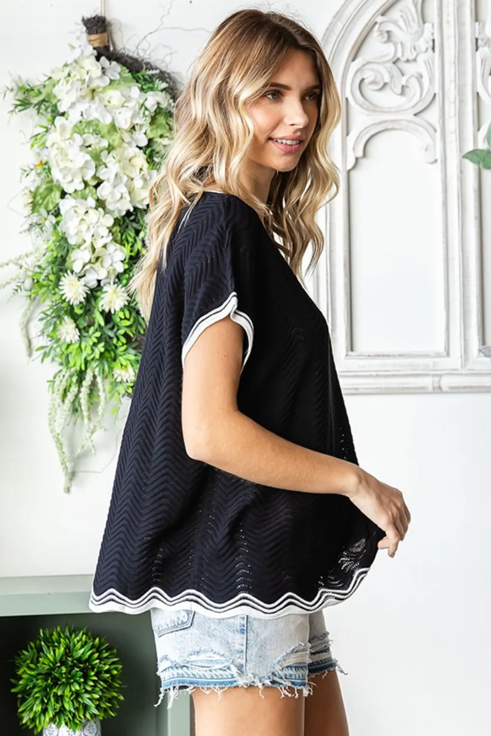 Full Size Contrast Wavy Crochet Drop Shoulder Knit Top, image 3