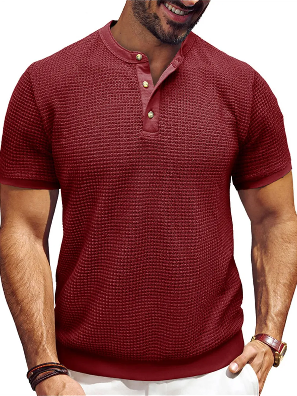 Men's Textured Henley Short Sleeve T-Shirt, image 7
