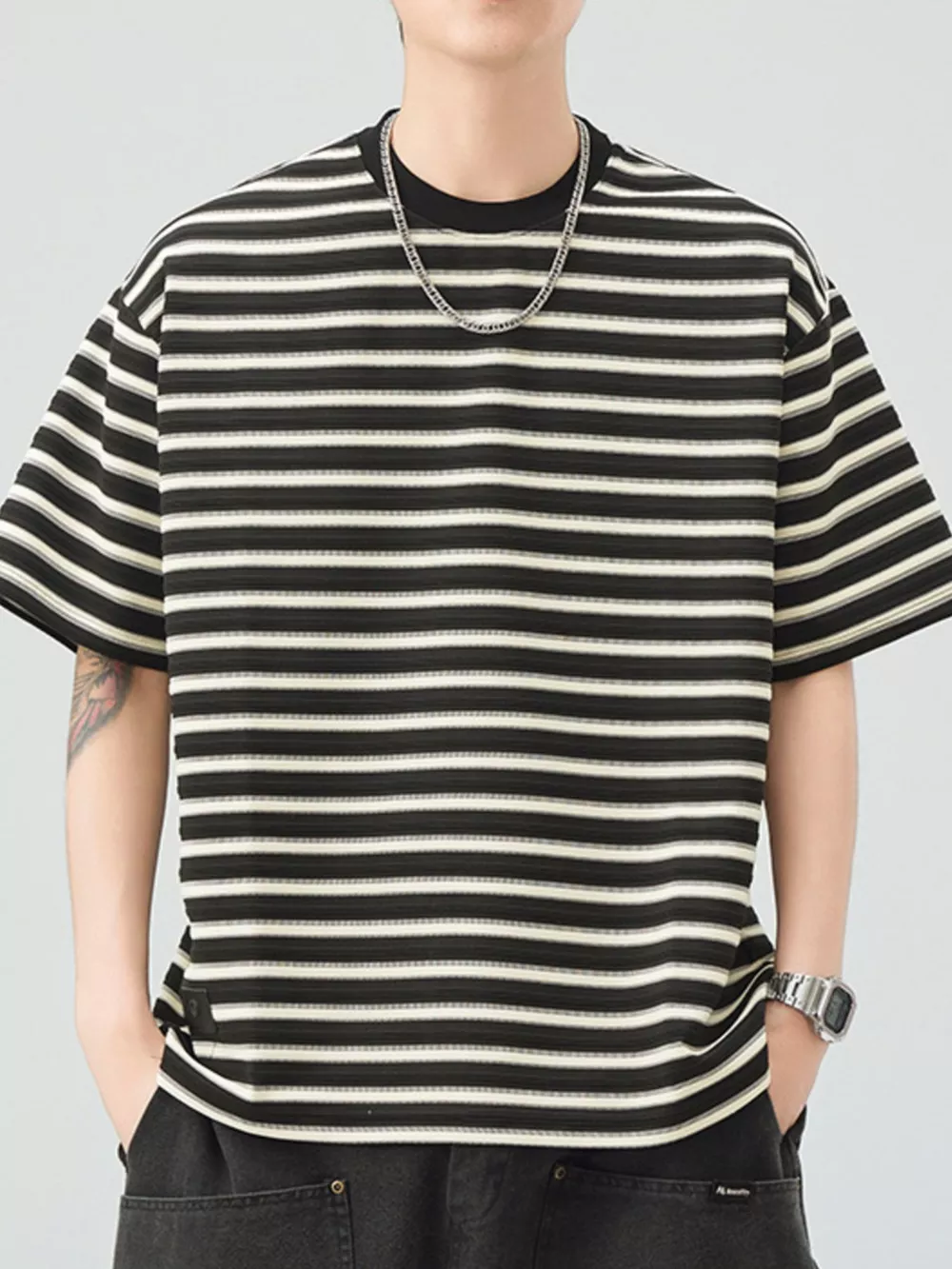 Men's Plus Size Striped Round Neck Half Sleeve T-Shirt, image 2