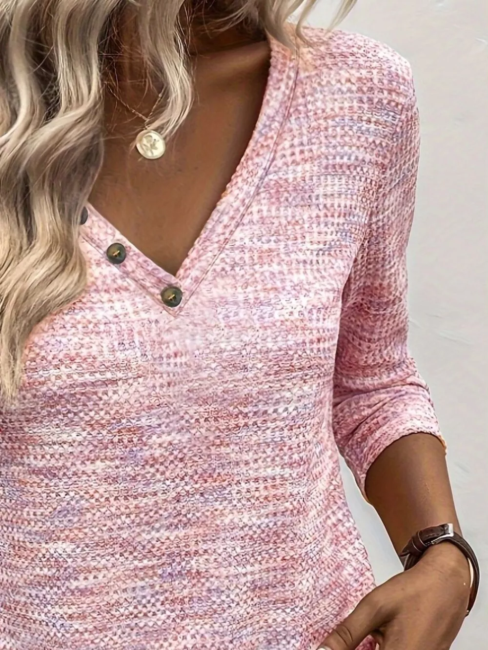 Decor Button V-Neck Long Sleeve Top, image 9