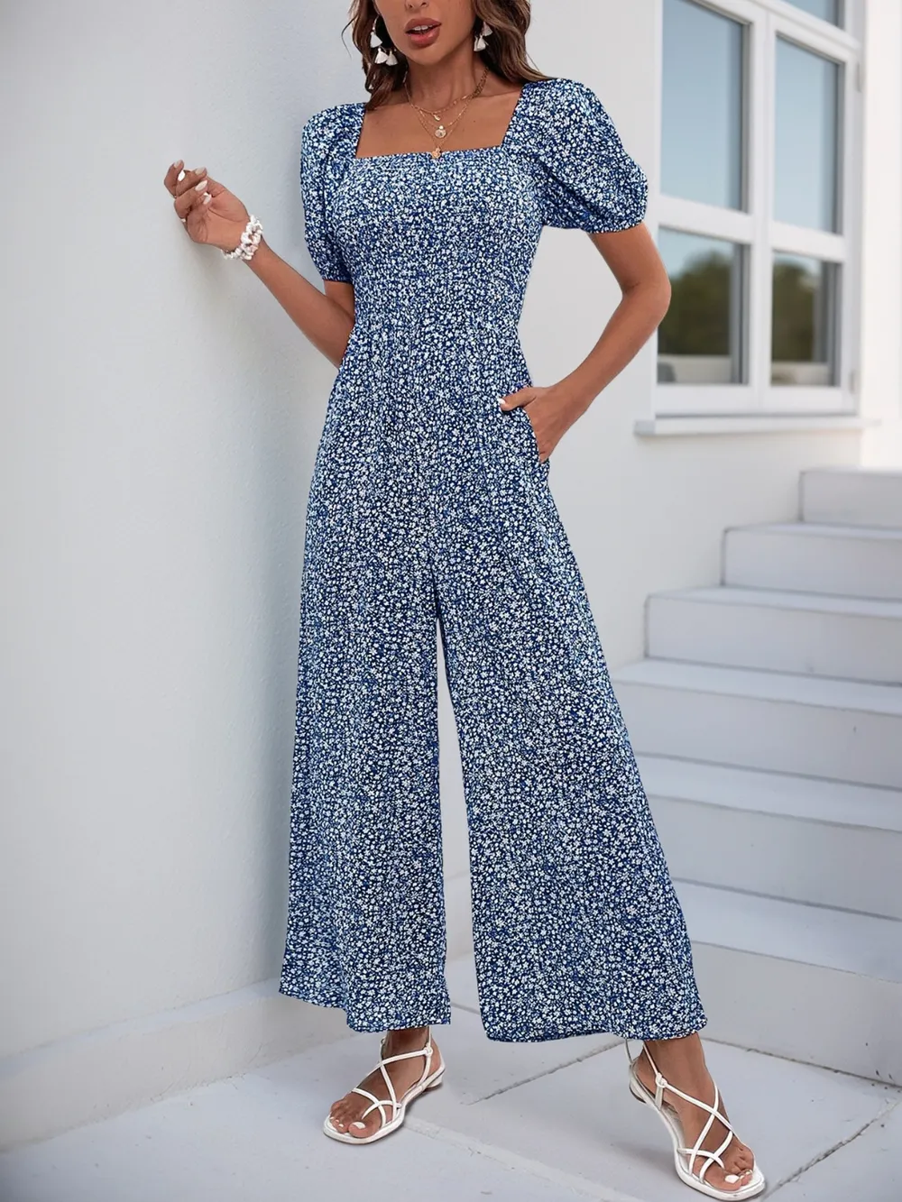 Printed Square Neck Puff Sleeve Jumpsuit, image 18