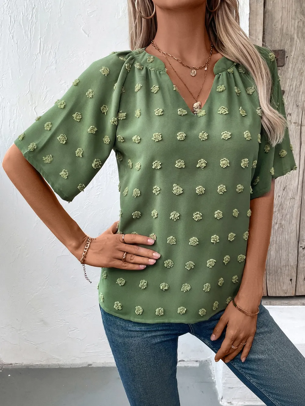 Swiss Dot Notched Half Sleeve Blouse, image 12