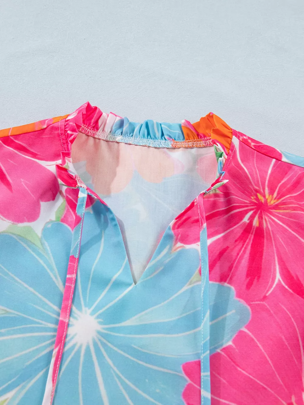 Flower Printed Tie V Neck Ruffle Trim Sleeveless Blouse, image 3