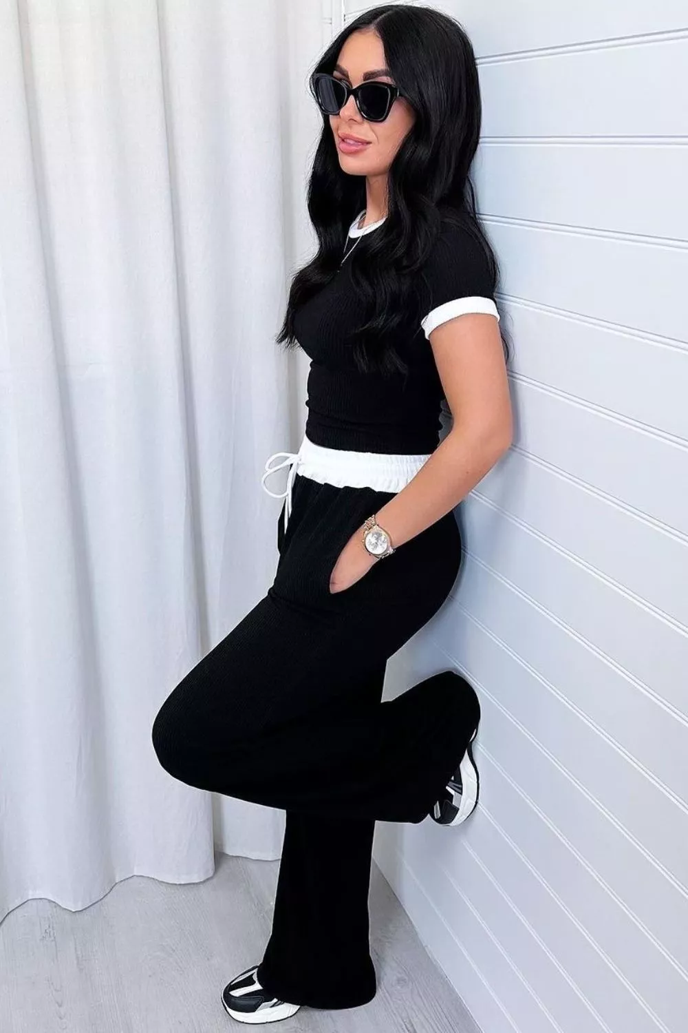 Contrast Trim Round Neck Top and Pants Set, image 10