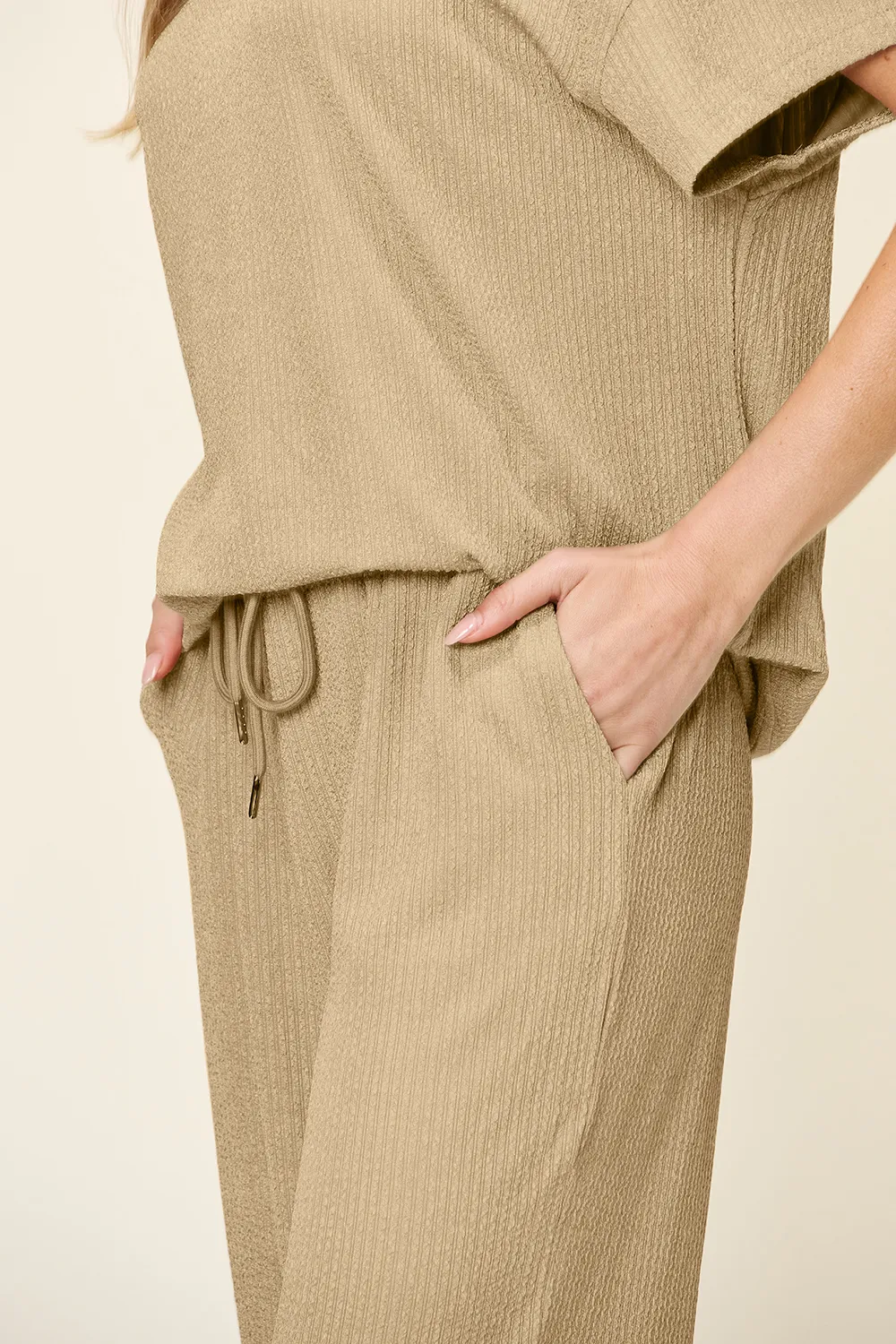 Full Size Texture Round Neck Short Sleeve T-Shirt and Wide Leg Pants, image 12