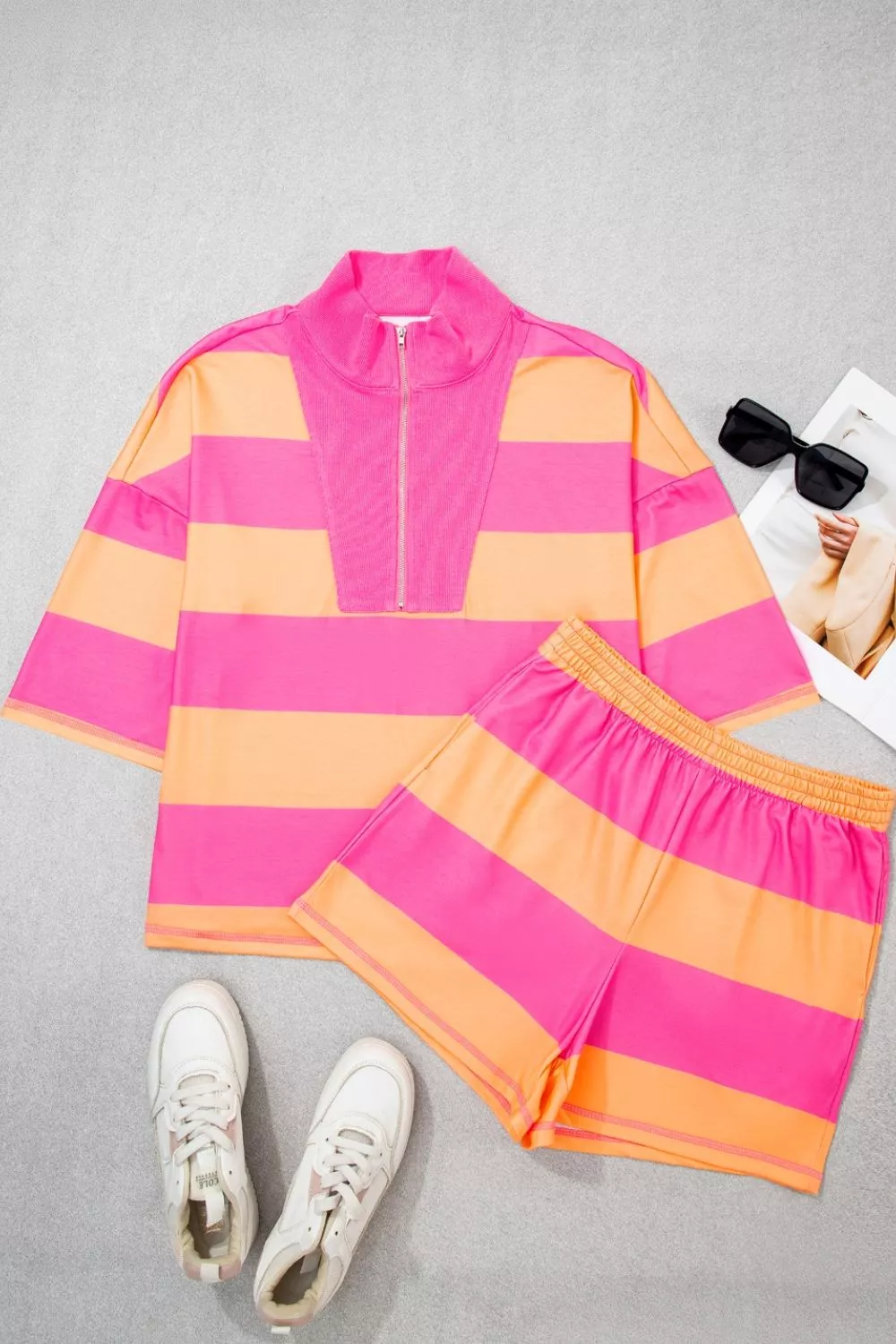 Stripe Long Sleeve Casual Top Drawstring Shorts 2pcs Set, image 4