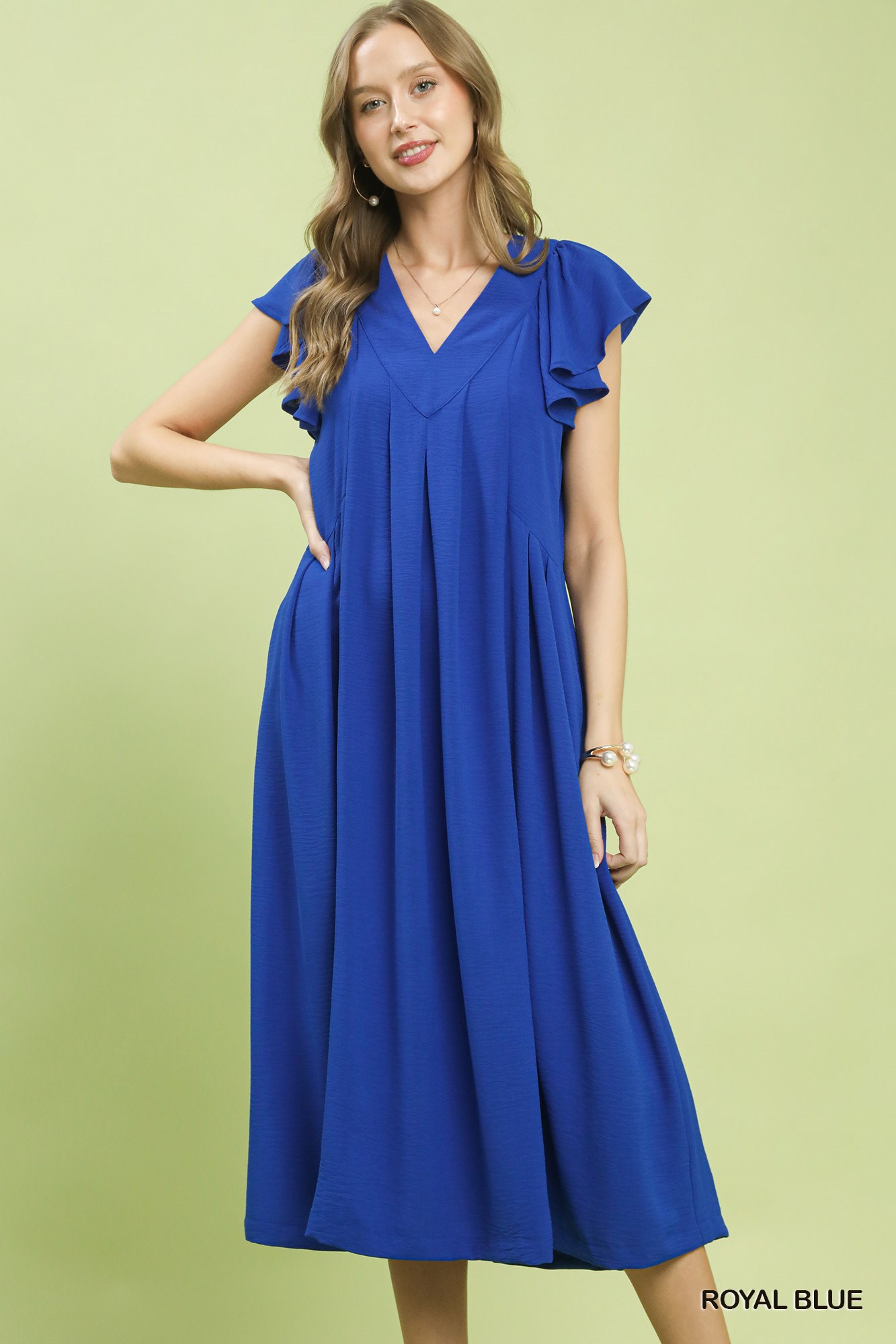 Ruffle Sleeve V-Neck Midi Dress