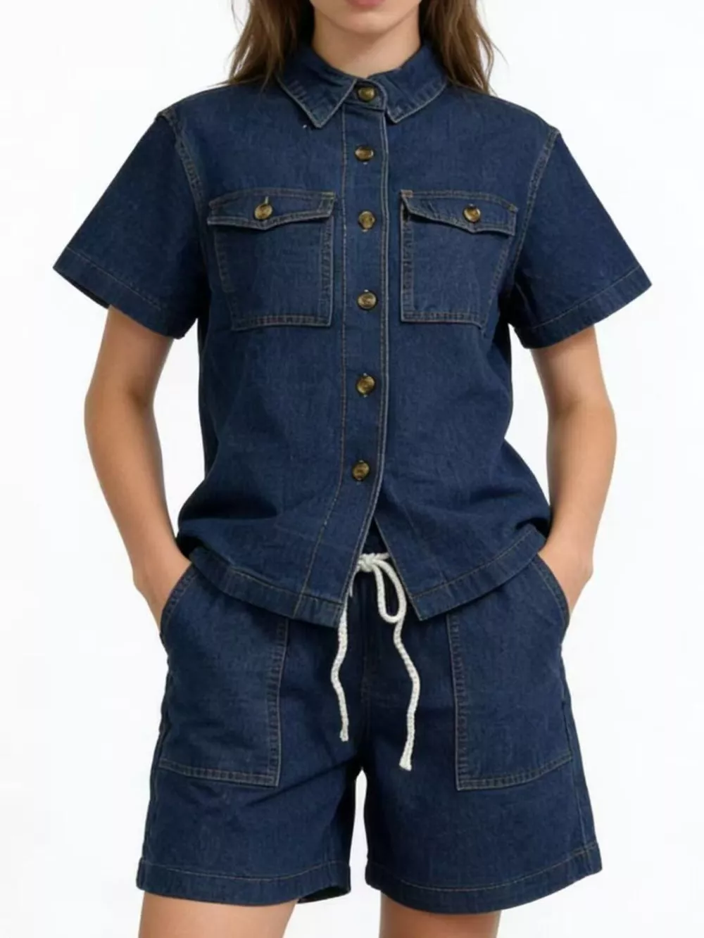 Button Up Short Sleeve Top and Shorts Denim Set, image 10