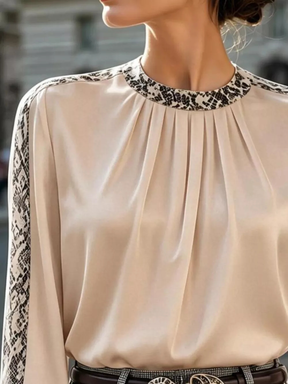 Snake Print Contrast Trim Satin Blouse, image 9