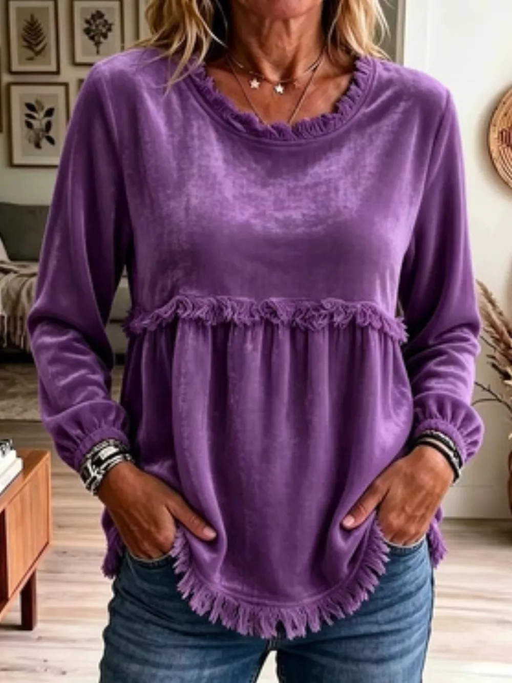 Fringed Hem Long Sleeve T-Shirt, image 7