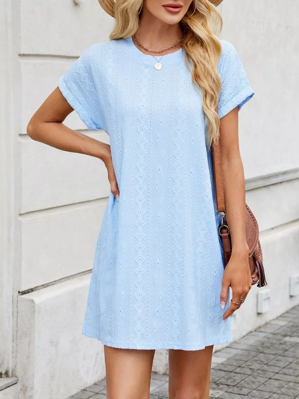 Eyelet Round Neck Casual Mini Dress, image 20
