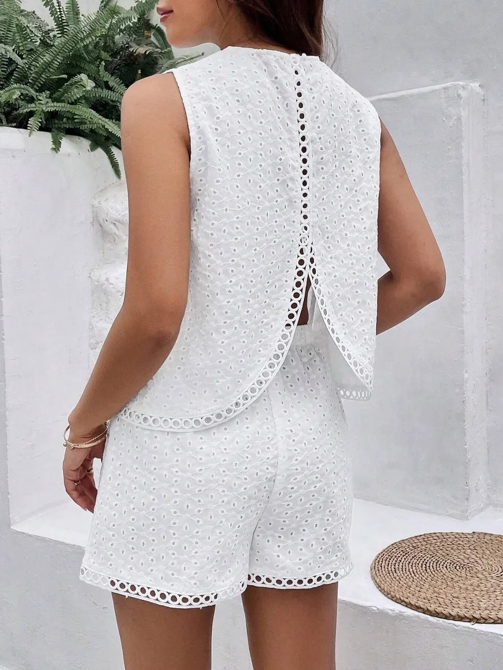 Eyelet Round Neck Top and Shorts Set, image 3